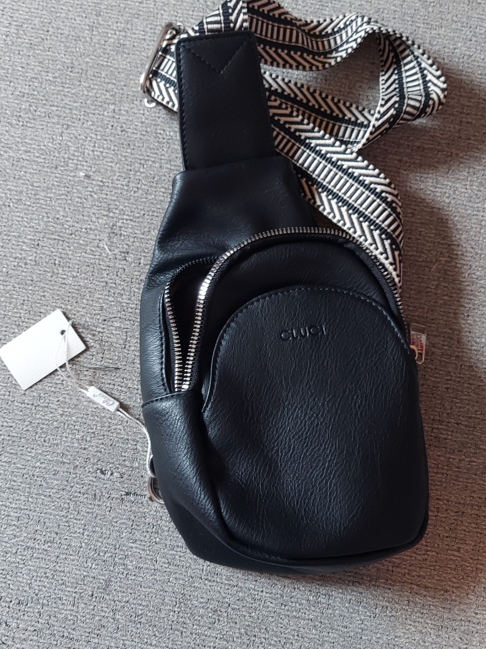 Black Leather Crossbody Belt Bag with Patterned Adjustable Strap